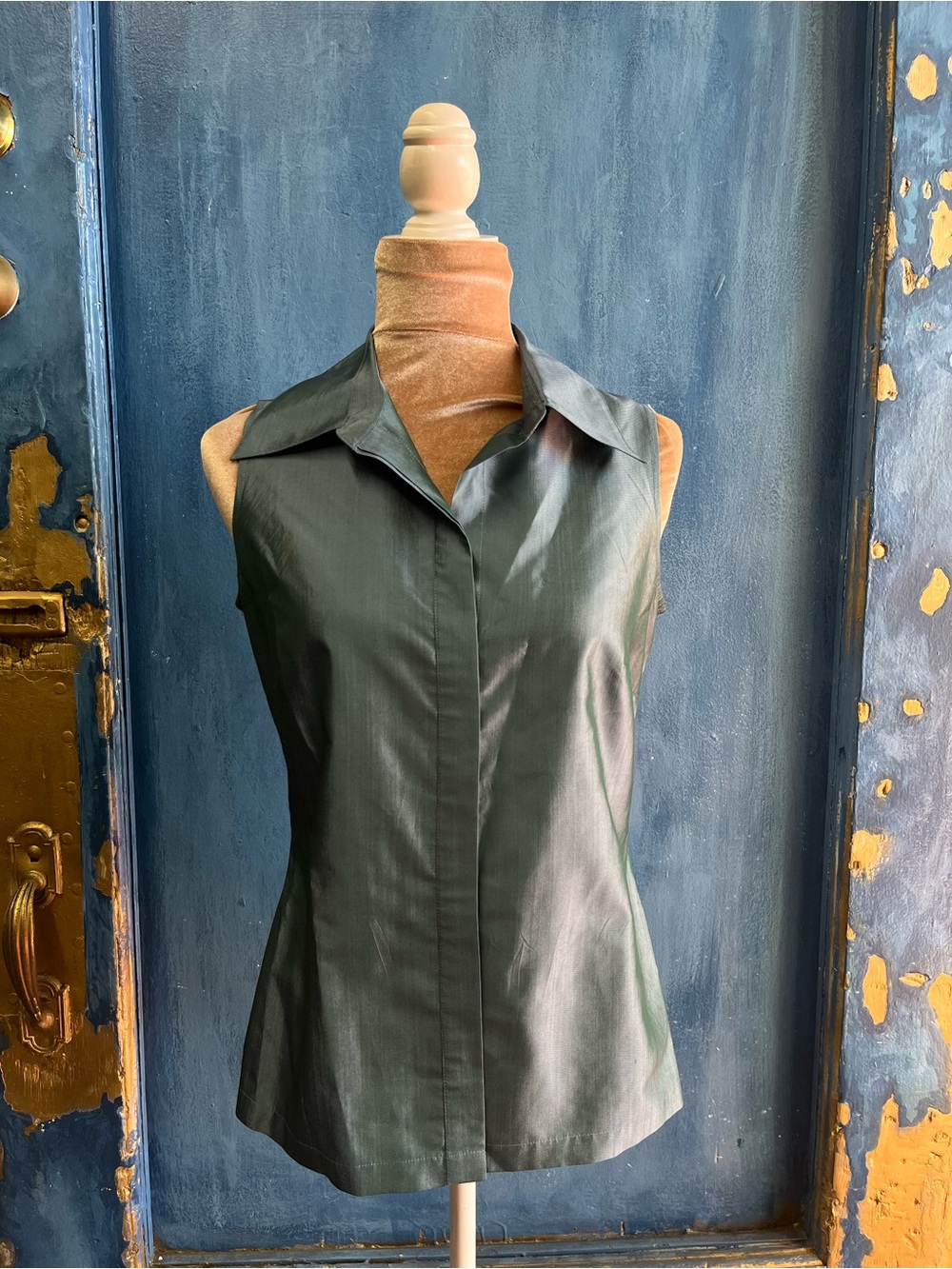 Express Silk Sleeveless Button-Down Top in Deep Green